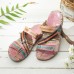  Retro Flower Printing Leather Comfy Flat Stripe Thong Sandals