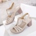 Women Elegant Opened Toe Metal Buckle Chunky Heel Stripe Sandals