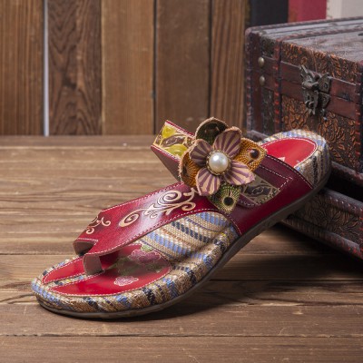  Retro Flower Printing Leather Comfy Flat Stripe Thong Sandals