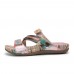  Retro Flower Printing Leather Comfy Flat Stripe Thong Sandals