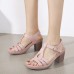 Women Elegant Opened Toe Metal Buckle Chunky Heel Stripe Sandals