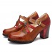  Vintage Hollow Out Chunky Heel Leather Pumps