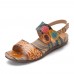  Retro Flower Printing Leather Comfy Flat Stripe Sandals