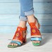  Pattern Hollow out Chunky Heel Hook Loop Leather Sandals