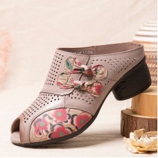  Ethnic Floral Bowknot Decor Hollow Out Printed Cowhide Leather Peep Toe Heel Sandas