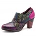  Handmade Printing Pattern Leather Zipper Chunky Heel Pumps