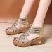 Women Back  zip Soft Comfy Breathable Hollow Rhinestone Embellished Wedges Sandals