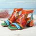  Pattern Hollow out Chunky Heel Hook Loop Leather Sandals