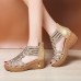 Women Back  zip Soft Comfy Breathable Hollow Rhinestone Embellished Wedges Sandals