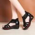 Women Back  zip Soft Comfy Breathable Hollow Rhinestone Embellished Wedges Sandals