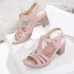 Women Elegant Opened Toe Metal Buckle Chunky Heel Stripe Sandals