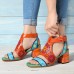  Pattern Hollow out Chunky Heel Hook Loop Leather Sandals