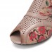  Ethnic Floral Bowknot Decor Hollow Out Printed Cowhide Leather Peep Toe Heel Sandas