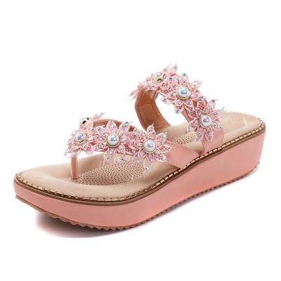 US  Retro Rhinestone Flowers Soft Slippers Women Summer Shoes