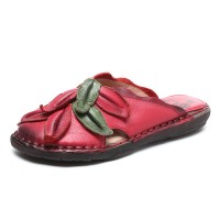 SOCOFY Slip On Retro Flower Casual Genuine Leather Round Toe Slippers
