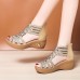 Women Back  zip Soft Comfy Breathable Hollow Rhinestone Embellished Wedges Sandals