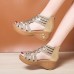 Women Back  zip Soft Comfy Breathable Hollow Rhinestone Embellished Wedges Sandals