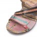  Retro Flower Printing Leather Comfy Flat Stripe Thong Sandals