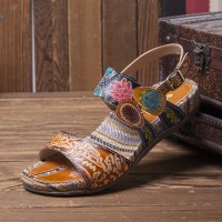  Retro Flower Printing Leather Comfy Flat Stripe Sandals