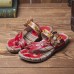  Retro Flower Printing Leather Comfy Flat Stripe Thong Sandals